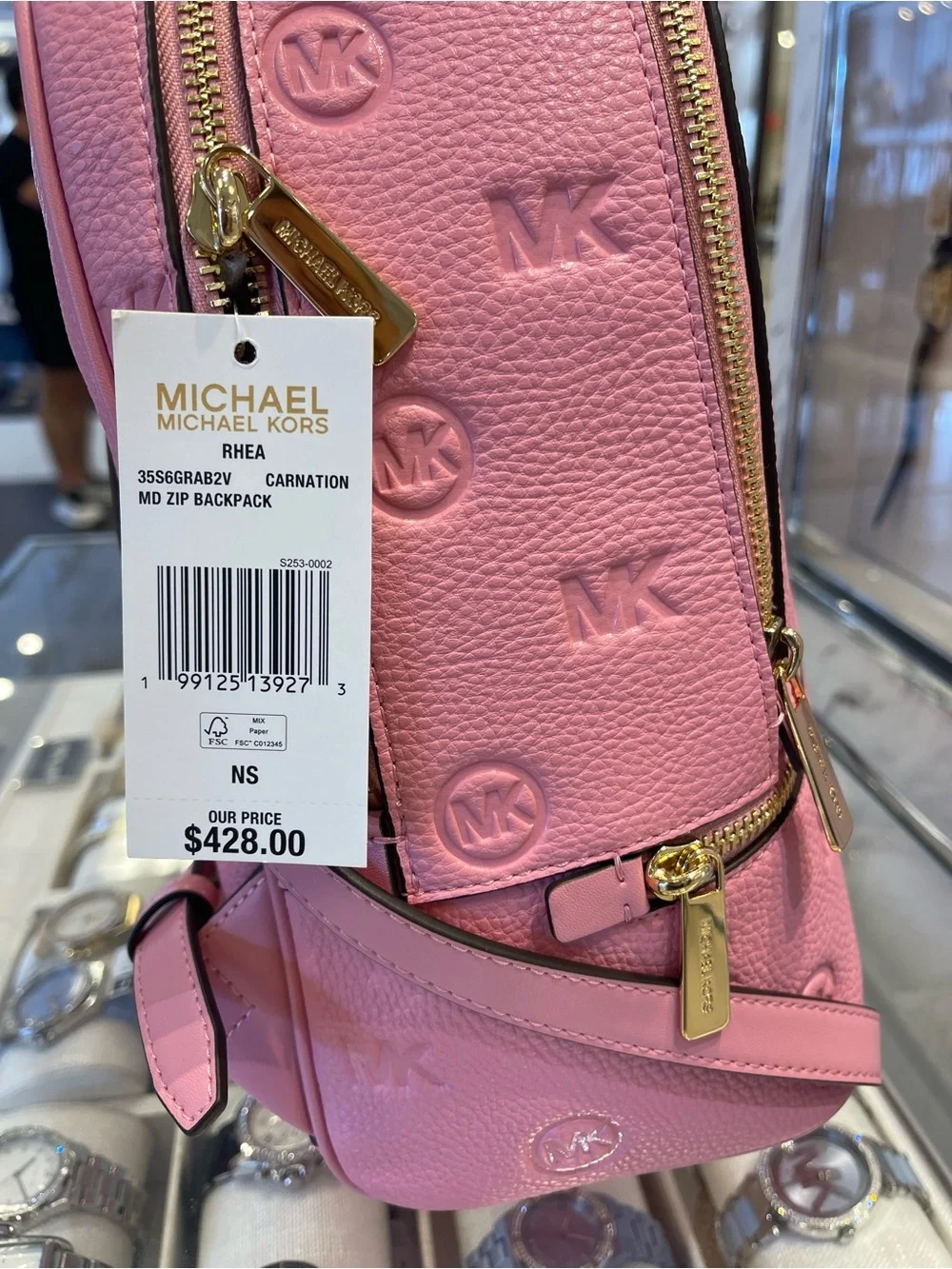 Michael Kors Rhea Medium Zip MK Logo Debossed Backpack Carnation NWT